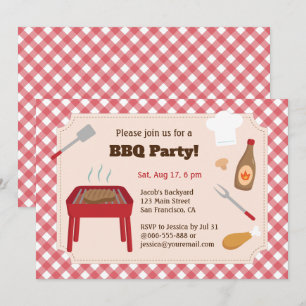 Invitation Jardin Bbq Party Red Plaid Motif