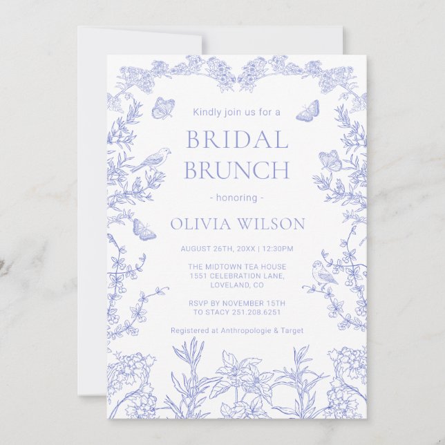 Invitation Jardin blanc bleu Chinoiserie Bridal Brunch (Devant)