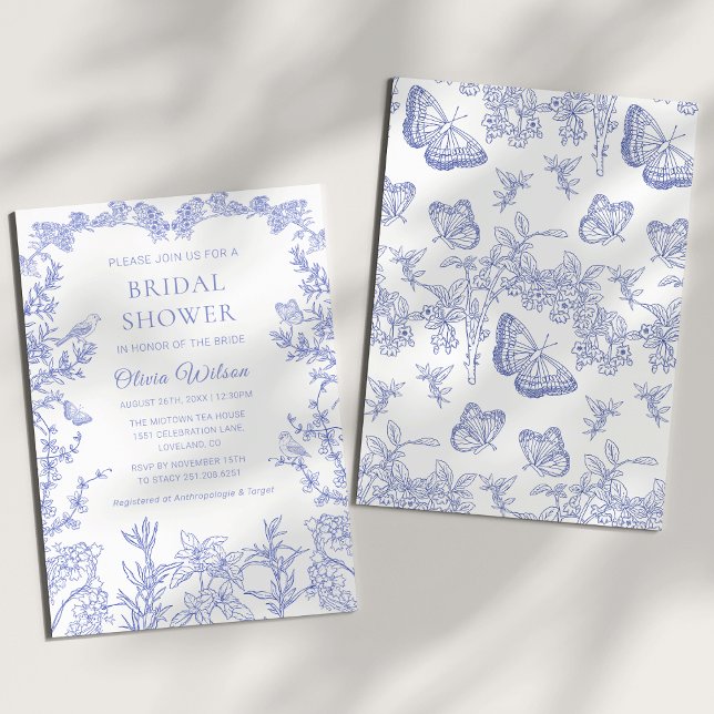 Invitation Jardin blanc bleu Chinoiserie Fête des mariées (Cobalt Blue whimsical Chinoiserie Floral Bridal Shower Invitation)