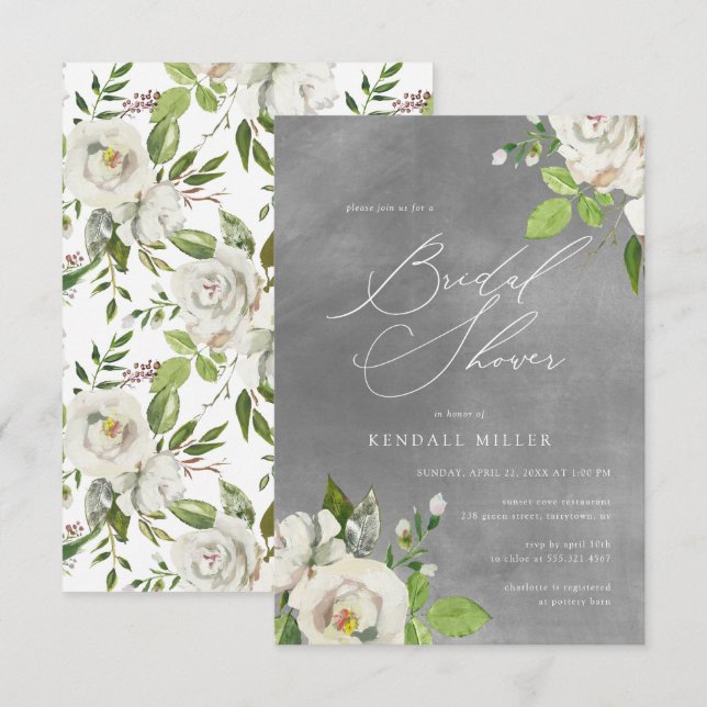 Invitation Jardin Blanc Floral Aquarelle Gris Fête des mariée (Devant / Derrière)