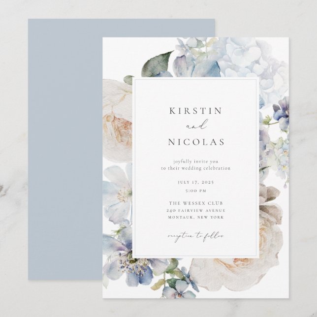 Invitation Jardin bleu Dusty Mariage Floral (Devant / Derrière)