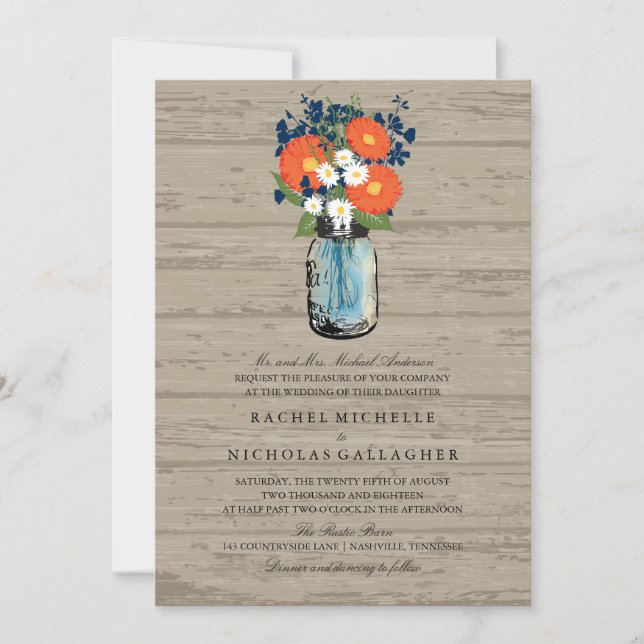 Invitation Jardin bleu et orange Mason Jar Wood | Mariage (Devant)