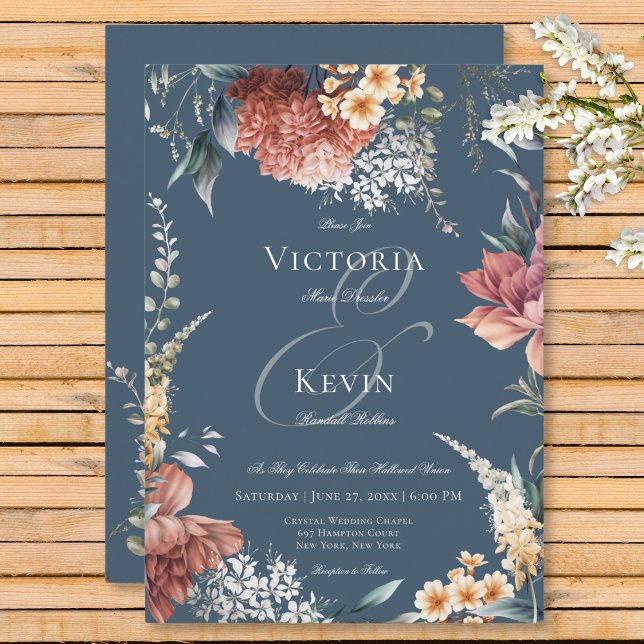 Invitation Jardin bleu romantique moderne Mariage floral (Modern Romantic Blue Garden Floral Wedding Invitation)