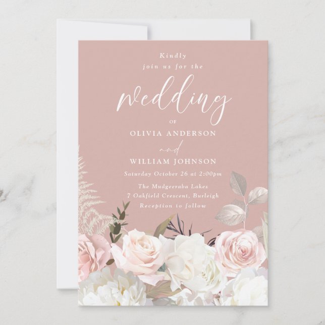Invitation Jardin Blush & Blanc Floral Mauve Mariage (Devant)