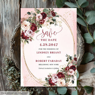 Invitation Jardin Boho Merlot Blush Roses Enregistrez la Date
