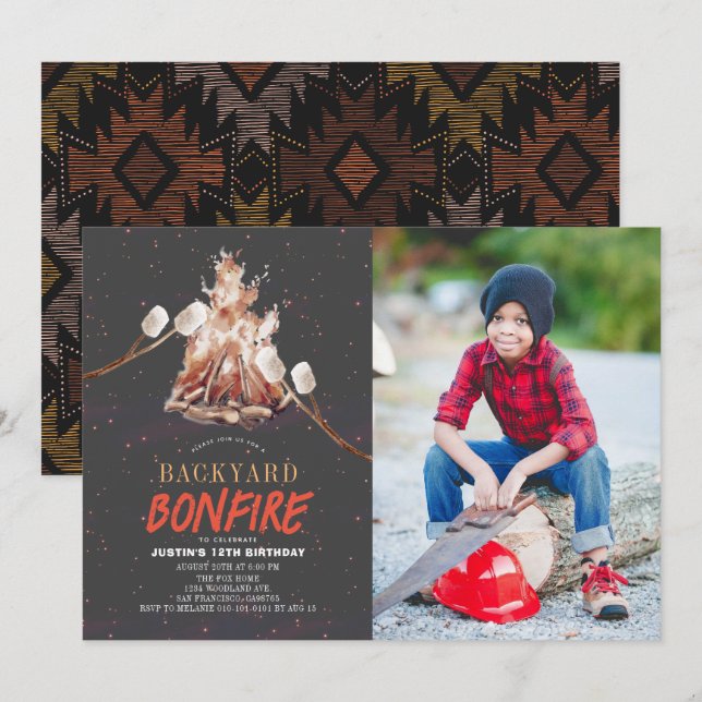 Invitation Jardin Bonfire Camping S'mores Photo Anniversaire (Devant / Derrière)