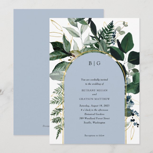 Invitation Jardin botanique bleu Dusty moderne mariage tendan (Devant / Derrière)