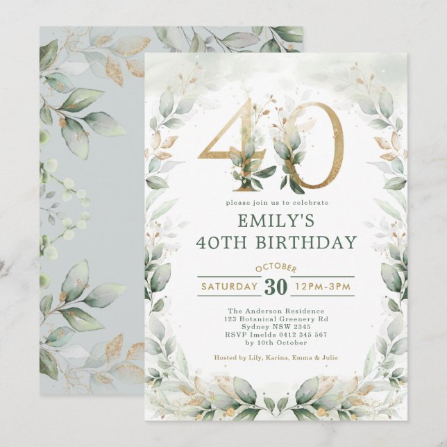 Invitation Jardin botanique chic Gold Jardin 40e anniversaire (Devant / Derrière)