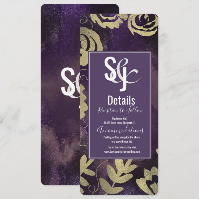 Invitation Jardin botanique Floral Rose or violet Mariage  (Devant / Derrière)