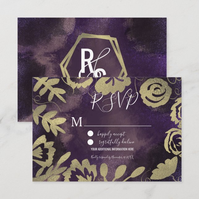 Invitation Jardin botanique Floral Rose or violet Mariage  (Devant / Derrière)