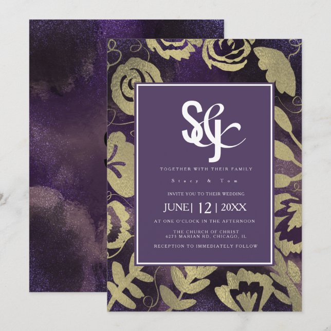 Invitation Jardin botanique Floral Rose or violet Mariage  (Devant / Derrière)