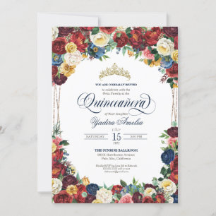 Invitation Jardin Bounitte Royal Bleu Rouge Floral Quinceaner