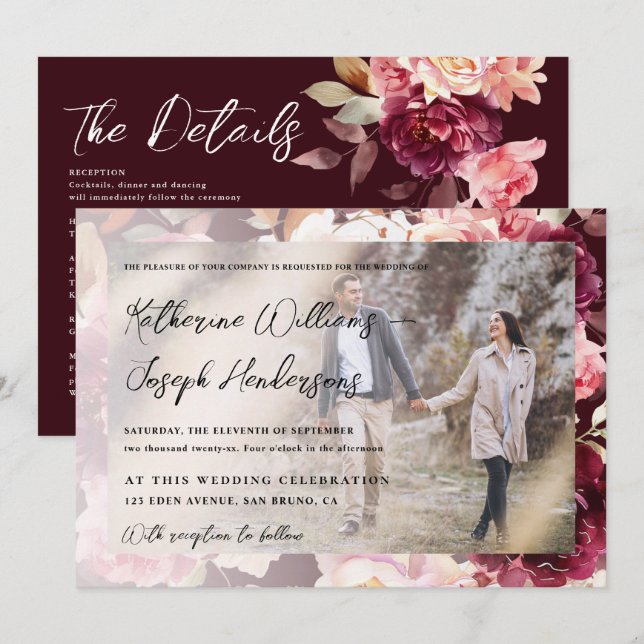 Invitation Jardin Bourgogne Script calligraphie Mariage photo (Devant / Derrière)