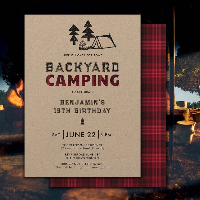 Invitation Jardin Camping extérieur Red Plaid Boys Anniversai (backyard camping boys birthday party invitation outdoor adventure camp fire rustic red plaid)