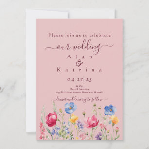 Invitation Jardin Coloré Bohème Fleur Sauvage Sur Fond Rose