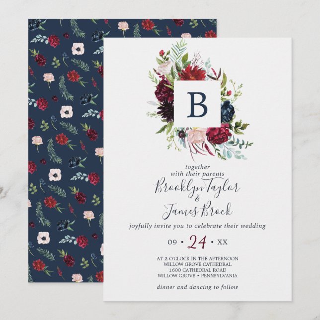 Invitation Jardin d'automne | Mariage Monogram Bourgogne (Devant / Derrière)