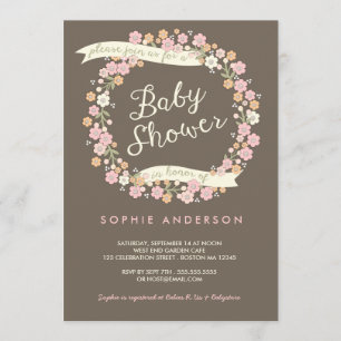 Invitation Jardin de charme Floral Wreath Girl Baby shower