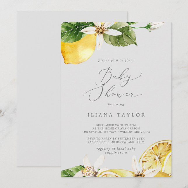 Invitation Jardin de citron moderne | Baby shower gris (Devant / Derrière)