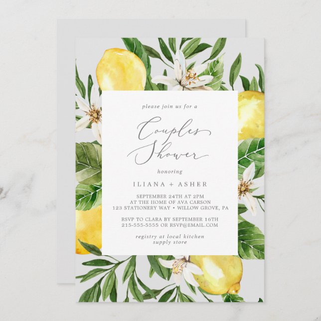Invitation Jardin de citron moderne | Douche Couples gris (Devant / Derrière)