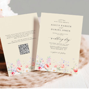 Invitation Jardin de fleurs sauvages élégant beige QR RSVP ma