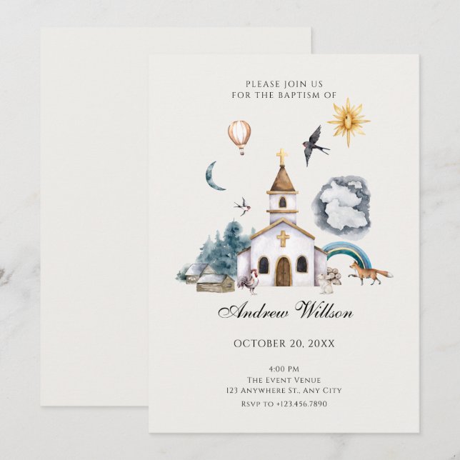 Invitation Jardin de l'église de village baptême (Devant / Derrière)