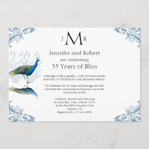 Invitation Jardin de paon en bleu pour anniversaire de mariag