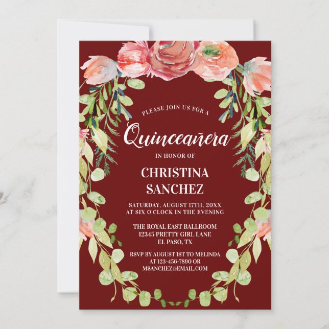Invitation Jardin de pêche élégant Floral Quinceañera Anniver (Devant)