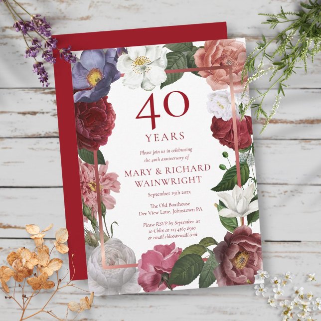 Invitation Jardin de roses pour le 40e anniversaire de mariag (40th Ruby Wedding Anniversary Rose Garden Invitation)