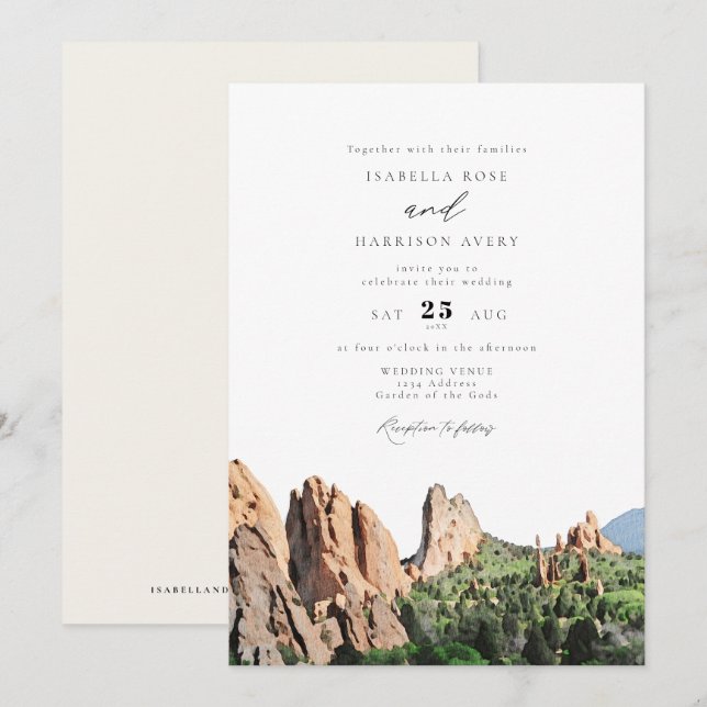 Invitation JARDIN DES DIEUX Aquarelle Skyline Mariage (Devant / Derrière)
