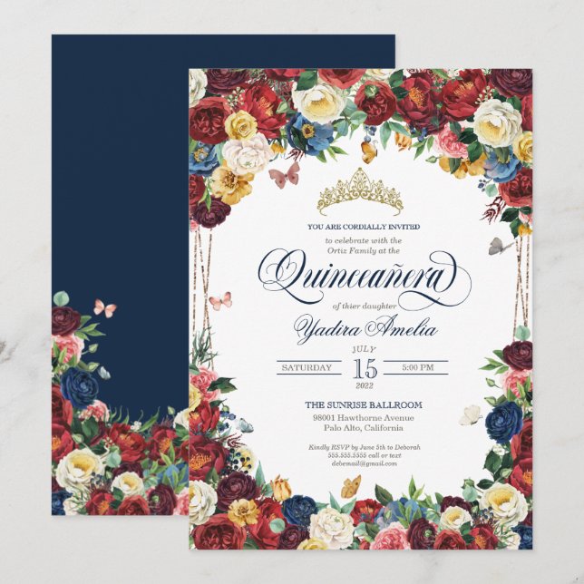 Invitation Jardin des papillons Royal Bleu Rouge Floral Quinc (Devant / Derrière)