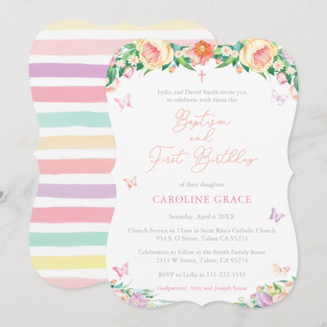 Invitation Jardin d'été 1er anniversaire Baptême Party pour f (Devant / Derrière)