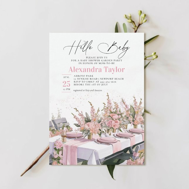 Invitation Jardin d'été Aquarelle élégante bébé fille douche (garden party baby shower invitation summer watercolor painted pink girl modern elegant classy chic)