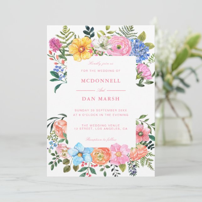 Invitation Jardin d'été Aquarelle Mariage floral (Debout devant)