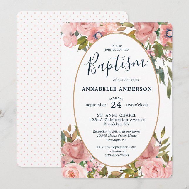 Invitation Jardin d'or rose floral moderne Baptême (Devant / Derrière)