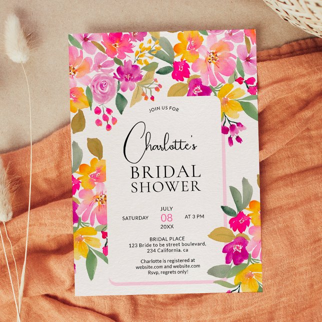 Invitation Jardin douche nuptiale fleurie vive (Garden bright floral hand painted watercolor bridal shower invitation)