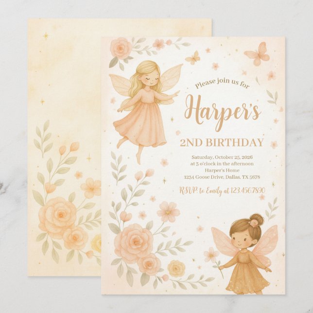 Invitation Jardin enchanté Fée Anniversaire (Devant / Derrière)