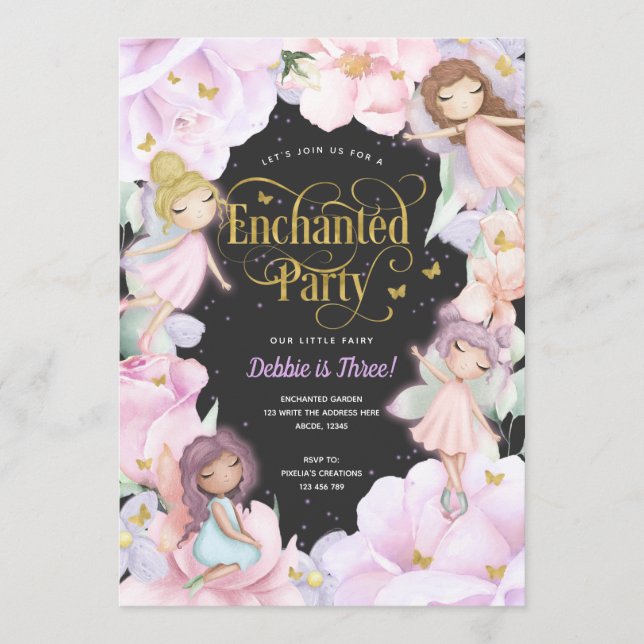 Invitation Jardin enchanté, Fée thème fleurs anniversaire (Devant)