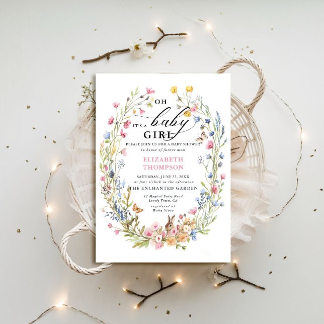 Invitation Jardin enchanté Fleur sauvage Bunny Baby shower d' (enchanted garden baby shower invitation woodland forest bird butterfly rabbit spring summer)