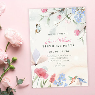 Invitation Jardin esthétique floral, oiseau, papillon anniver
