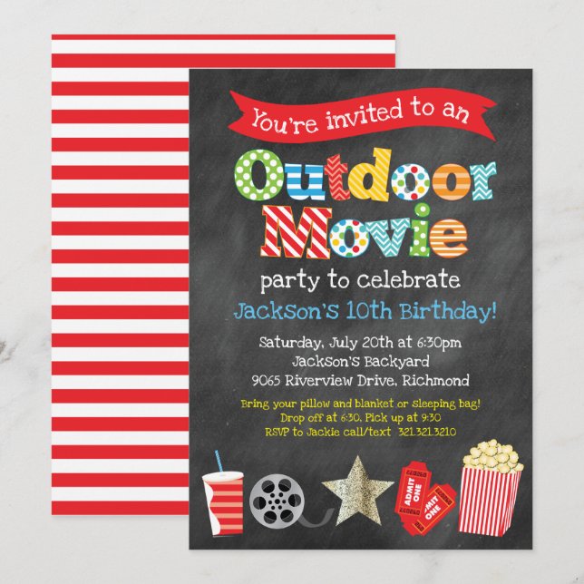 Invitation Jardin extérieur Movie Anniversaire fête - Chalkbo (Devant / Derrière)