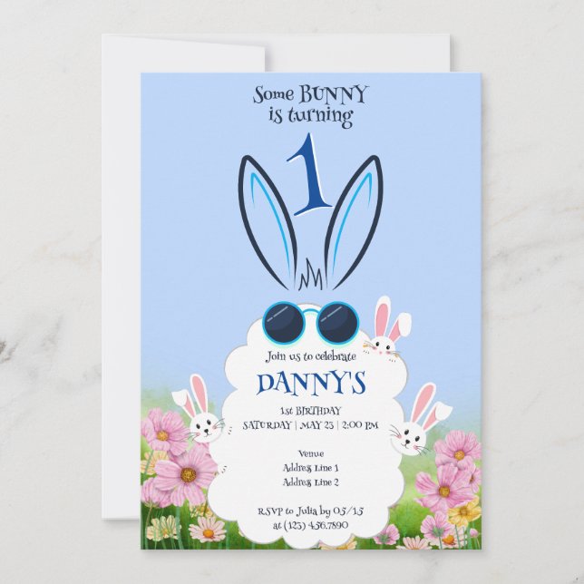 Invitation Jardin Fleur Bunny Bleu Printemps Été Anniversaire (Devant)