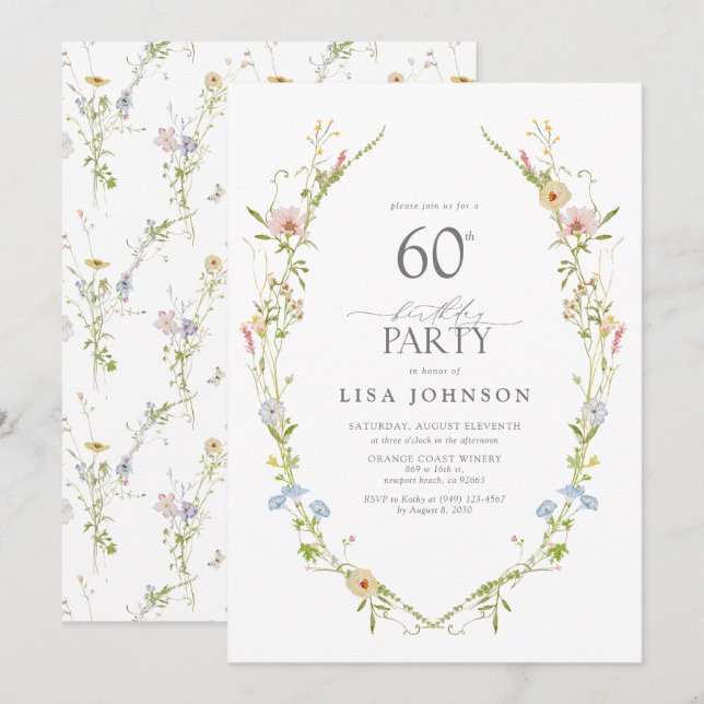 Invitation Jardin fleur sauvage 60e anniversaire de fête aqua (Devant / Derrière)