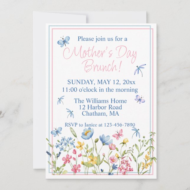 Invitation Jardin Fleur sauvage bleu et rose Fête des mères B (Devant)