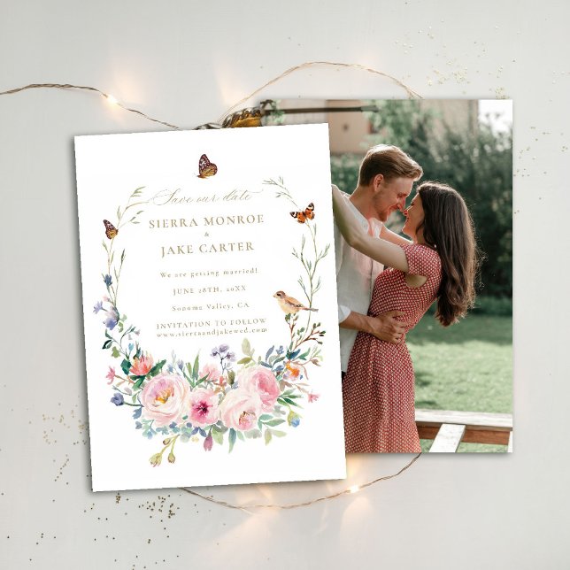 Invitation Jardin Fleur sauvage Chic Photo Mariage Enregistre (garden wedding save the date photo wildflowers roses enchanted woodland forest butterflies fairytale)