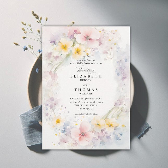 Invitation Jardin fleur sauvage délicieuse Mariage moderne él (wildflower wedding theme invitation delicate watercolor meadow modern classic formal elegant)