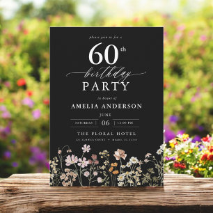 Invitation Jardin Fleur sauvage noir Floral 60e anniversaire