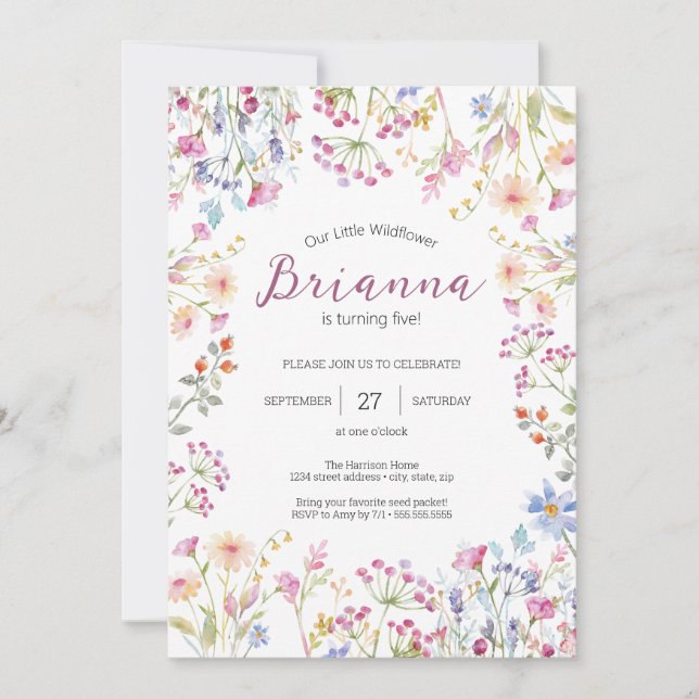 Invitation Jardin fleur sauvage thème Fille aquarelle anniver (Devant)