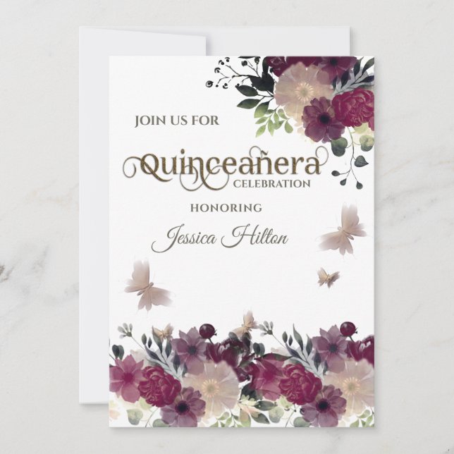 Invitation Jardin fleuri aux papillons Quinceañera vert (Devant)