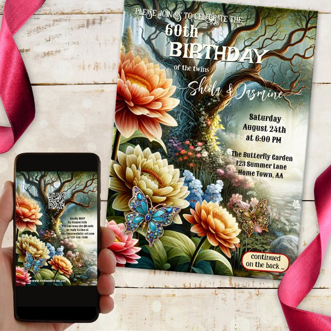 Invitation Jardin fleuri bohème artistique Jardin jumeau Anni (Boho adult birthday party invitation featuring an artistic garden design with colorful flowers)