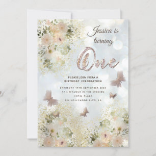 Invitation Jardin fleuri chic et doux papillon 1er anniversai